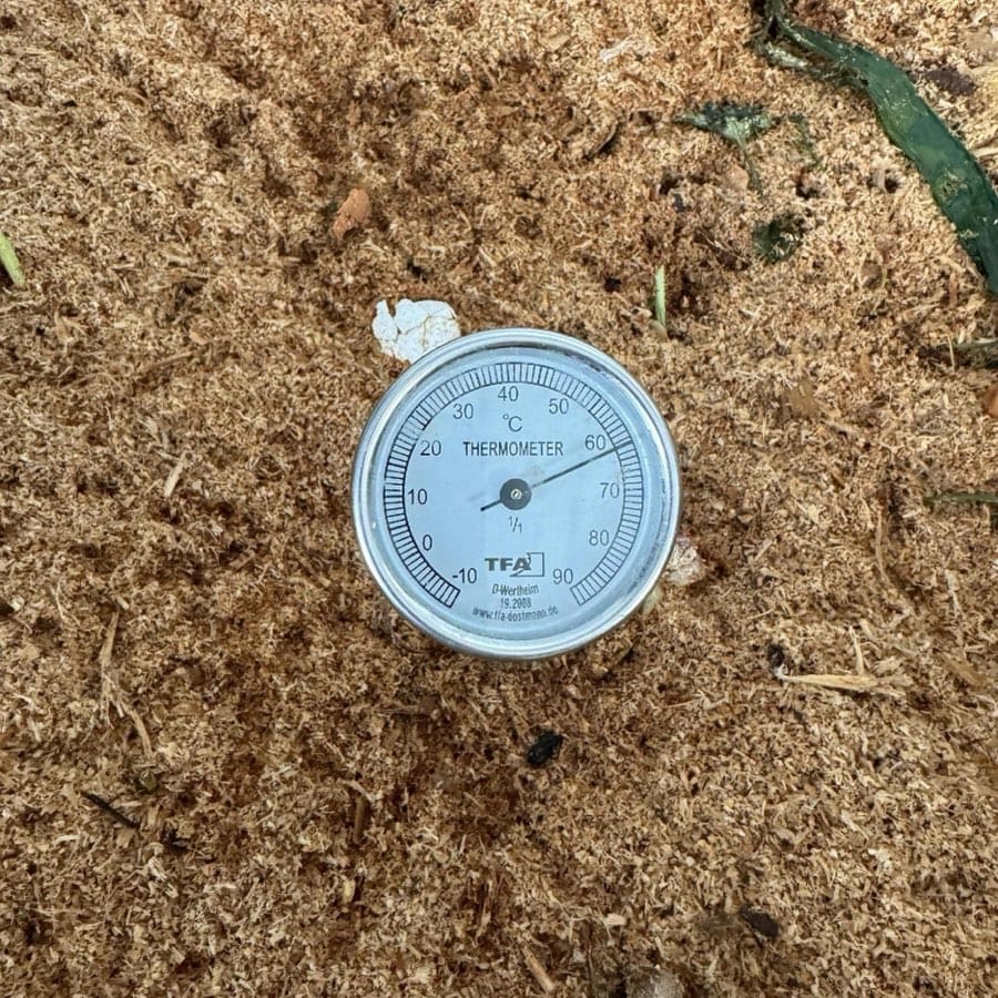 Termómetro de sonda clavado en el material dentro de una compostera, rodeado de estructurante y restos vegetales.