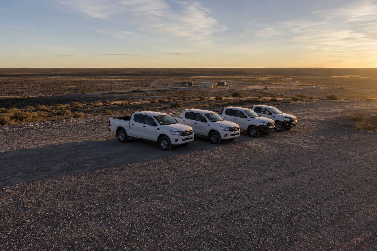 Cuatro camionetas de la flota estacionadas en playa de ripio, al atardecer.