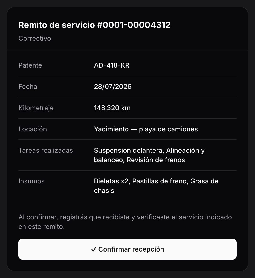 Ficha de confirmación de un remito: número, patente, fecha, kilometraje, locación, tareas realizadas e insumos, con el botón para confirmar la recepción.