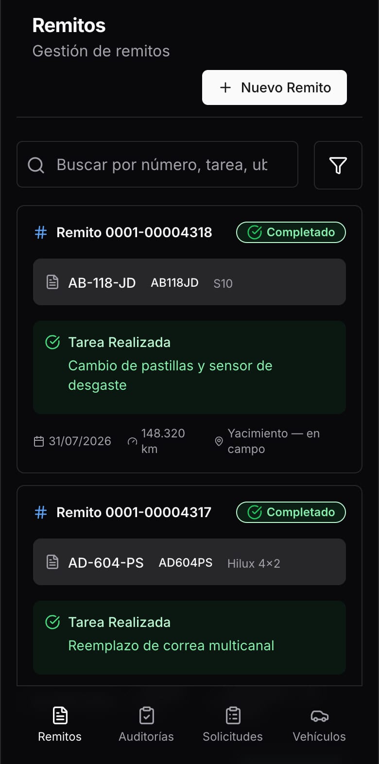 Aplicación en el teléfono con los remitos del día: número, patente, tarea realizada, fecha, kilometraje y ubicación de cada intervención.